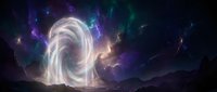 Glowing spiral vortex portal with ethereal light energy swirling in cosmic space, surrounded by purple and teal nebula clouds and stars for fantasy and sci-fi backgrounds.