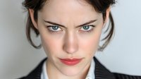 Young professional woman with intense gaze and red lipstick in business attire against neutral background for corporate and lifestyle concepts.