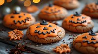 Orange frosted pumpkin face cookies on dark baking sheet with spooky Halloween expressions and decorative fall leaves, festive holiday baking treats.