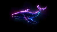 Glowing neon whale constellation with purple and blue lights against dark background, cosmic marine mammal silhouette filled with stars and nebula effects.