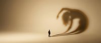Young adult male figure standing alone facing large shadow of aggressive creature or monster looming behind, representing inner fear, anxiety, mental struggle, psychological challenge or personal demon concept for mental health awareness.
