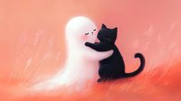 Glowing ghost hugging black cat in dreamy coral landscape, evoking friendship between supernatural and natural worlds.