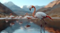 Graceful flamingo standing in tranquil mountain lake at sunset, with flock reflected in calm water. Soft light creates dreamy atmosphere in wild nature landscape.