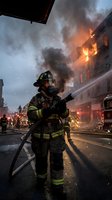 Firefighter in protective gear battles intense building fire with water hose during emergency response operation with smoke and flames in urban setting.