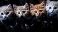 Adorable group of black and ginger kitten faces with bright blue eyes looking at camera against dark background, creating emotional pet portrait composition.