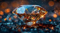 Brilliant amber diamond with light reflections on dark background with bokeh effect and sparkles. Luxury jewelry concept with dramatic lighting.