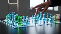 Futuristic holographic chess game with glowing blue and green pieces on digital board, hand making strategic move in modern office setting.