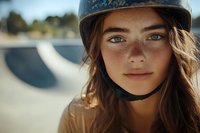 Young female skateboarder with helmet at concrete skate park during golden hour. Portrait of teenage girl with freckles and long brown hair for sports lifestyle.