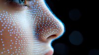 Digital face profile with glowing dots pattern overlay on dark background. Futuristic technology concept for AI, biometrics, facial recognition applications.