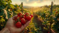 Fresh ripe cherry tomatoes on vine held in farmer's hand against blurred vineyard background at golden sunset, organic harvest concept.