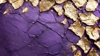 Luxurious gold leaf fragments scattered on deep purple textured background creating elegant diagonal composition with rich contrast and metallic shine.