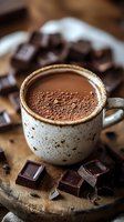 Rich hot chocolate drink in rustic ceramic cup with cocoa powder sprinkled on top, surrounded by dark chocolate chunks on wooden surface, cozy mood lighting.