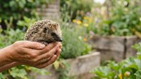 Person holding small spiky hedgehog in cupped hands against blurred garden background with plants and wooden raised beds for wildlife care and nature education.