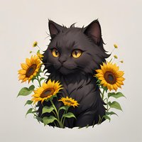 Black fluffy cat with bright yellow eyes sitting among blooming sunflowers against light background, artistic digital illustration for decorative use.