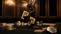 Luxury casino scene with golden poker cards falling over stacks of chips on elegant gaming table in upscale gambling hall with warm chandelier lighting.