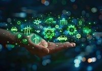 Hand holding glowing green smart city icons and symbols with connected IoT technology elements floating against dark bokeh background. Concept for sustainable urban future.