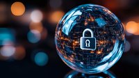 Digital security lock icon inside glass sphere with glowing circuit pattern and bokeh lights background, representing cybersecurity and data protection concept.