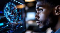 Young African American male software developer analyzing holographic AI head display in futuristic tech laboratory environment for machine learning research.
