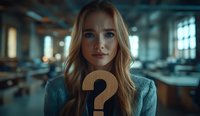 Young woman with blonde hair and blue eyes holding wooden question mark symbol in modern industrial office space with blurred background and moody lighting.