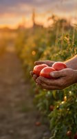 Farmer hands holding fresh ripe red tomatoes at sunset in organic vegetable garden with warm golden light creating peaceful agricultural scene.