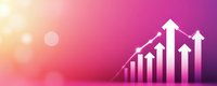 Growing white arrows chart showing upward trend on vibrant pink and orange gradient background with bokeh effect, representing business growth and success.
