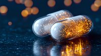 Glowing transparent capsules with magical golden sparkles inside on dark reflective surface. Pharmaceutical concept with bokeh background effect.