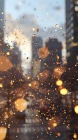 Glowing golden bokeh lights and raindrops on window glass create dreamy urban atmosphere during sunset, with blurred cityscape silhouettes in background.