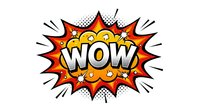 Comic book style WOW explosion bubble with colorful burst effects and halftone dots on white background for pop art designs and graphic projects.