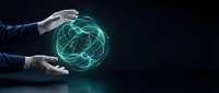 Businessman hands protecting glowing green digital globe network sphere on dark background for technology and global business concepts.