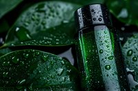 Green glass bottle with water drops on dark background among wet tropical leaves, creating fresh spa atmosphere for wellness and beauty products.