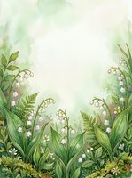 Watercolor lily of the valley flowers frame with green leaves and ferns creating botanical border on soft textured background for spring designs.