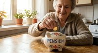 Senior Caucasian woman in brown sweater putting coin into pension piggy bank at kitchen table, retirement savings and financial planning concept.