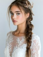 Young Caucasian bride with natural makeup wearing white lace wedding dress and crystal hair accessory, styled with romantic loose braid against light background.