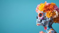 Decorative sugar skull with bright marigold flowers crown against turquoise background. Traditional Mexican Day of the Dead celebration art with detailed paint patterns.