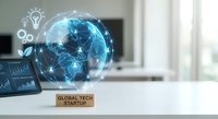 Global technology startup concept with holographic earth globe and digital network connections on modern office desk for business innovation presentations.