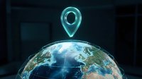 Global location pin hovering above Earth globe with glowing cyan light effect on dark background for navigation and GPS technology concepts.