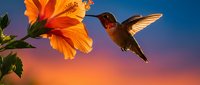 Hummingbird feeding on vibrant orange hibiscus flower against colorful sunset sky. Nature wildlife photography perfect for garden and tropical themes.