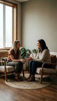 Two young women having friendly conversation on modern chairs in cozy living room with natural light and houseplants for lifestyle content.