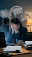 Stressed businesswoman at desk with thought bubbles showing home, bills and family dinner representing work-life balance challenges and financial worries.