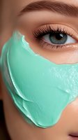 Close-up of woman's eye with long lashes and turquoise cosmetic face mask. Skincare and beauty concept showing hydrating treatment on smooth skin.