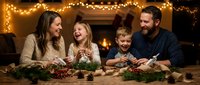 Happy family of four enjoying Christmas cookie decorating together at wooden table with festive lights and holiday decorations in cozy home setting.