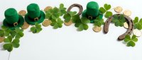 Festive St. Patrick's Day border arrangement with green leprechaun hats, golden coins, shamrock clovers, and horseshoe on white background for holiday greeting cards and seasonal marketing materials.
