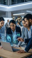 Diverse medical professionals analyzing holographic DNA data and heart diagnostics on laptop in modern healthcare facility for research collaboration.