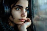 Pensive young woman with headphones gazing through rainy window, hand on chin, contemplative mood captured in atmospheric portrait.