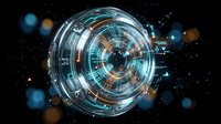 Futuristic digital sphere with glowing blue and orange holographic grid lines, circuit patterns, and data visualization elements on dark background for technology and innovation concepts.
