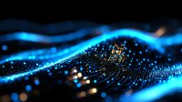 Glowing blue wave pattern with shimmering particles and bokeh effects on dark background creates futuristic digital technology atmosphere.