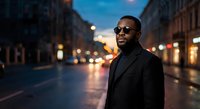 Confident African American businessman in sunglasses standing on urban street at dusk with city lights and bokeh background for corporate marketing.