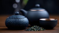 Traditional Asian tea ceremony composition with black ceramic teapot, textured sugar bowl, cup and loose green tea leaves on wooden surface in dark atmosphere.