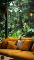 Cozy window seat with orange cushions and hanging lights against rainy window, tropical plants outside creating serene atmosphere for home interior design.