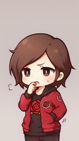 Cute anime character in red jacket with rose patches showing shy embarrassed expression against neutral background, chibi style illustration for social media avatars.
